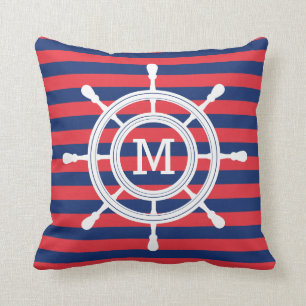 Navy Blue & Red Stripes Rudder Monogram Throw Pillow
