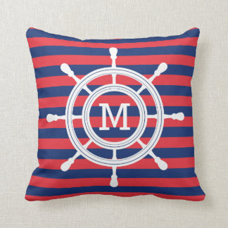 Navy Blue & Red Stripes Rudder Monogram Throw Pillow