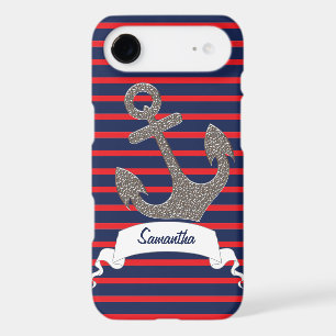 Navy Blue Red Stripes Silver Anchor Ribbon Name iPhone 17 Air Case