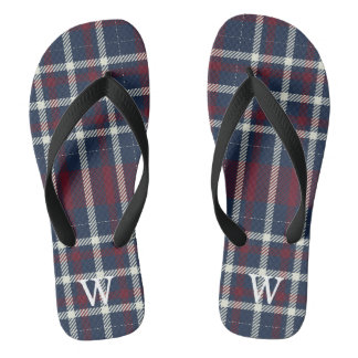 Navy blue red tartan plaid Personalized Flip Flops
