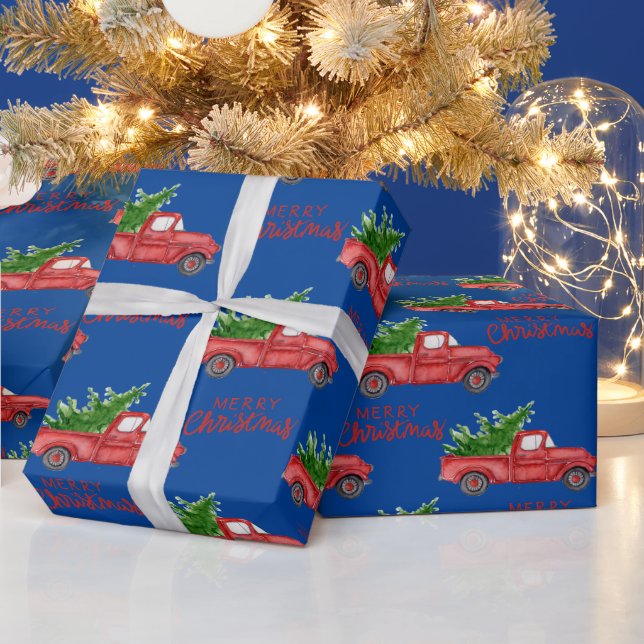 Navy Blue Red Truck  Christmas Gifts Wrap  Wrapping Paper (Holidays)