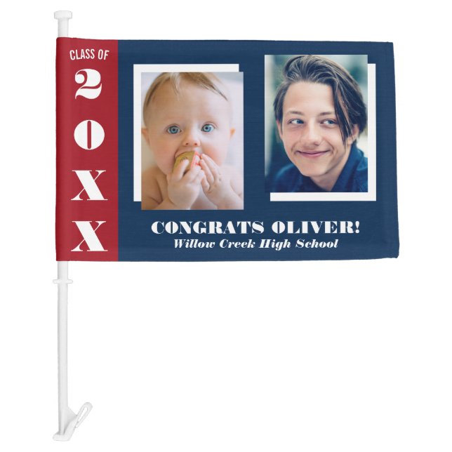 Navy Blue & Red Two Photos Graduation Car Flag (Front)