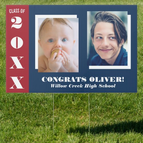 Navy Blue  Red Two Photos Graduation Sign