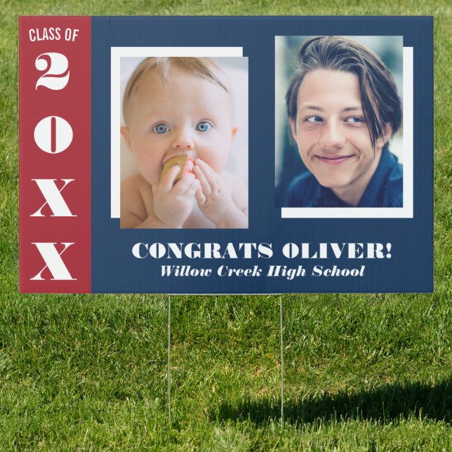 Navy Blue & Red Two Photos Graduation Sign (Insitu)