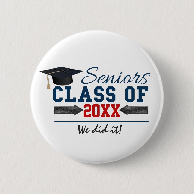 Navy Blue Red Typography Graduation Button (Front)