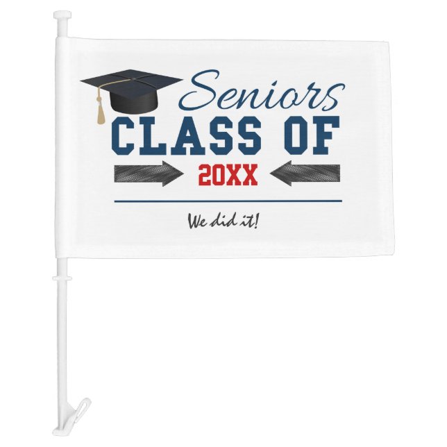 Navy Blue Red Typography Graduation Car Flag (Front)