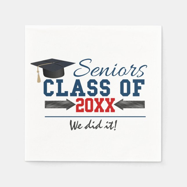 Navy Blue Red Typography Graduation napkins (Front)