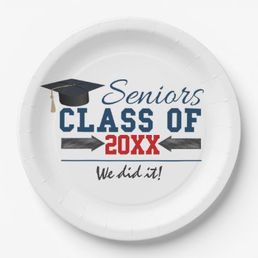 Navy Blue Red Typography Graduation Party Plates