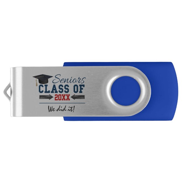 Navy Blue Red Typography Graduation USB Flash Drive (Back)