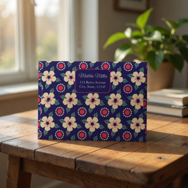 Navy Blue Red Vintage Flower Invitation Envelope (Creator Uploaded)