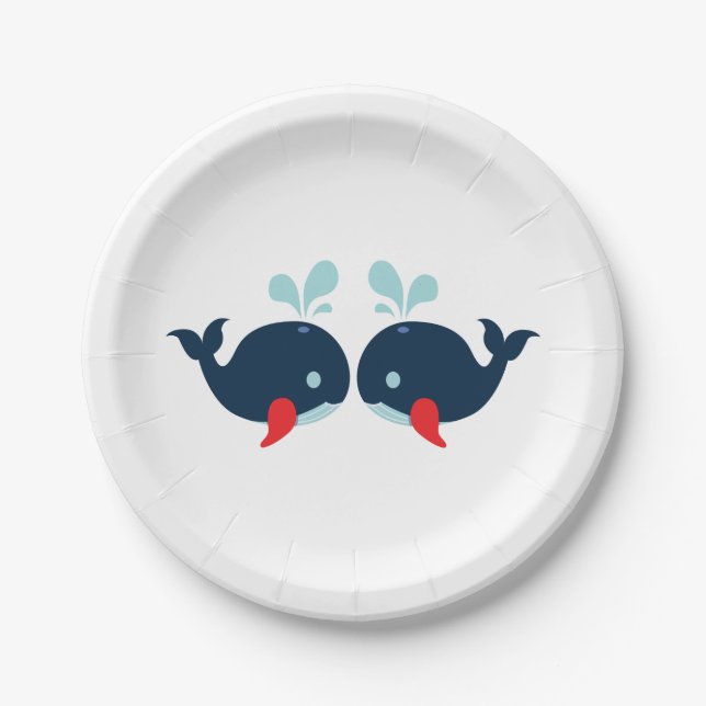 Navy Blue Red Whales Nautical Wedding / Party Paper Plates (Front)