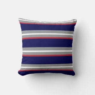 Navy Blue, Red, White and Gray Stripes Throw Pillow