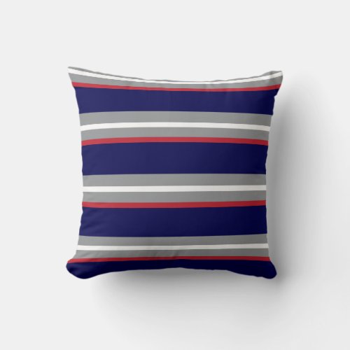 Navy Blue Red White and Gray Stripes Throw Pillow