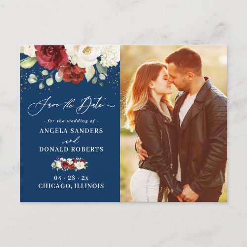 Navy Blue Red White Floral Photo Save the Date Postcard