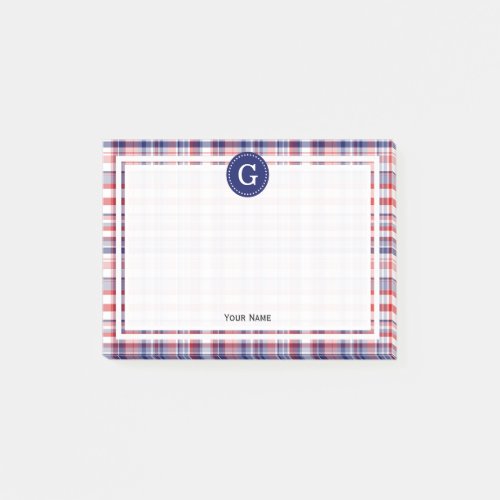 Navy Blue Red White Madras Plaid 1IR Framed Post_it Notes