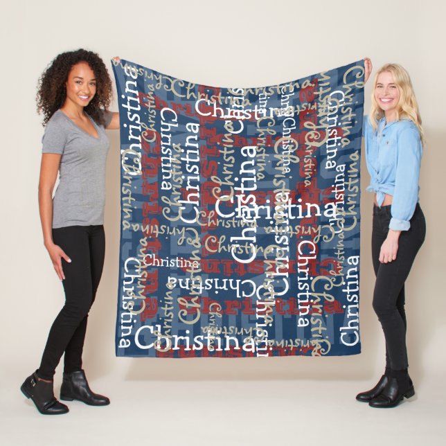 Navy Blue Red White Name Collage Personalized Fleece Blanket (In Situ)