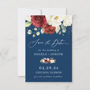 Navy Blue Red White Rose Floral Trendy Wedding Save The Date