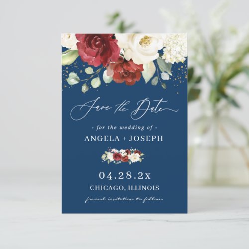 Navy Blue Red White Rose Floral Trendy Wedding Save The Date