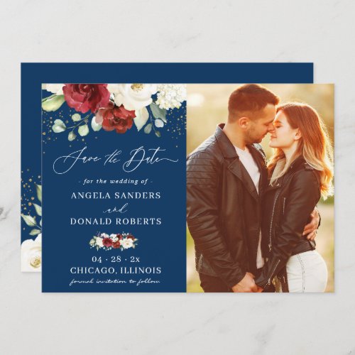 Navy Blue Red White Rose Floral Wedding Photo Save The Date - Navy Blue Red White Rose Floral Classy Wedding Save the Date Card. For further customization, please click the "customize further" link and use our design tool to modify this template.