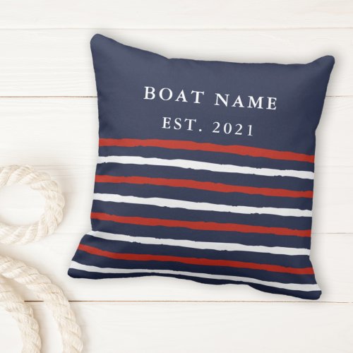 Navy Blue Red White Stripes Boat Name Nautical Throw Pillow