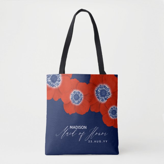 Navy Blue & Red Windflower Maid of Honor Tote Bag (Front)