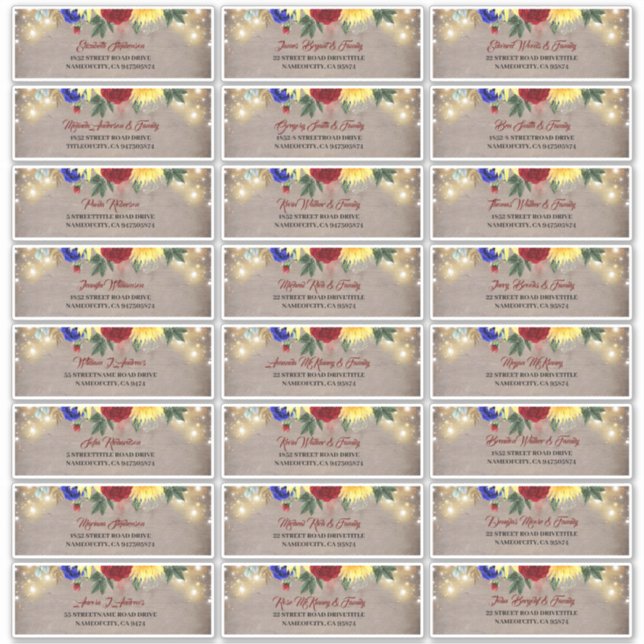 Navy Blue Red Yellow Guest Names Address Labels (Front)