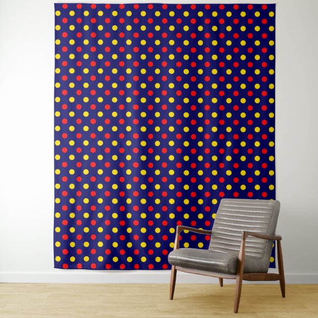 Navy Blue Red Yellow Polka Dots Design  Tapestry (In Situ)