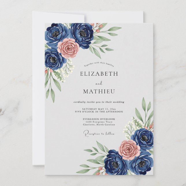 Navy Blue Refined Botanical Wedding Invitation (Front)