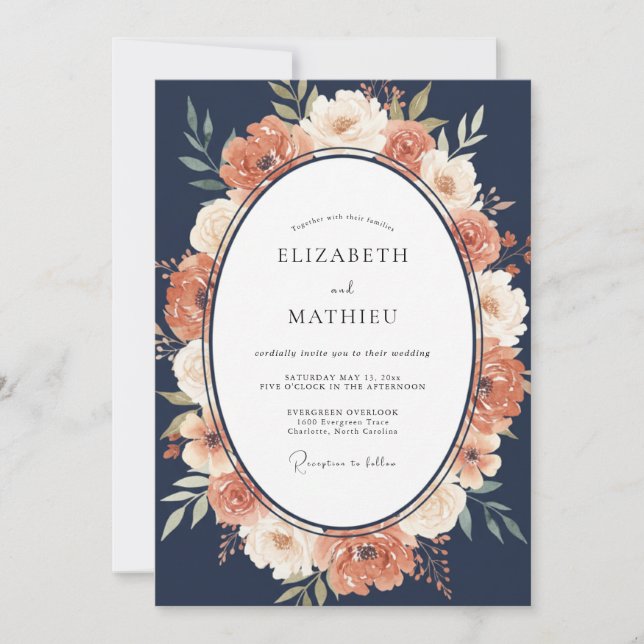 Navy Blue Refined Harvest Wedding Invitation (Front)