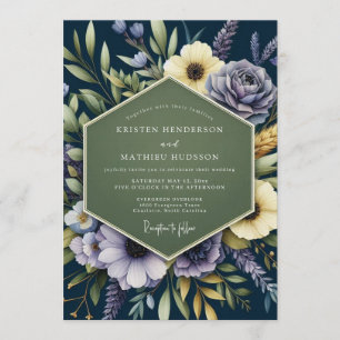 Navy Blue Regal Botanical Wedding Invitation