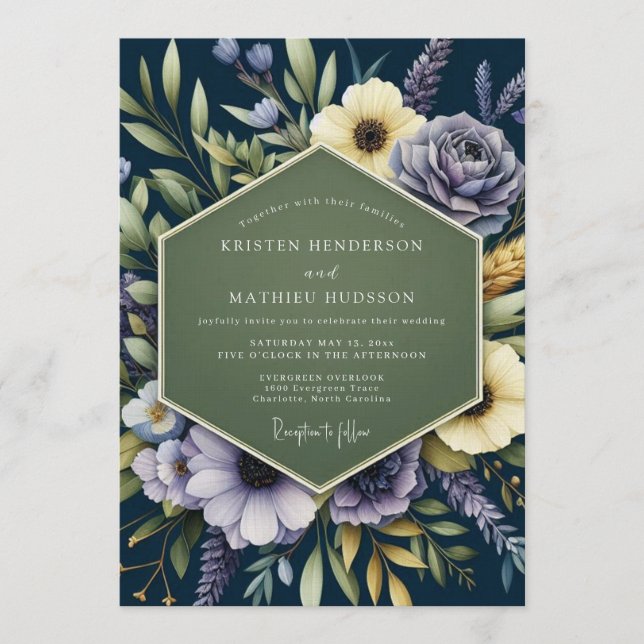 Navy Blue Regal Botanical Wedding Invitation (Front)