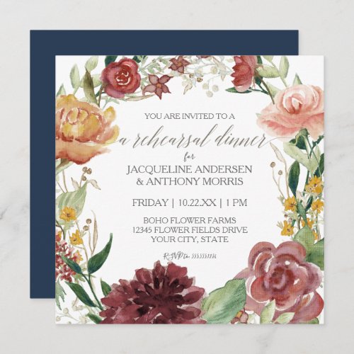 Navy Blue Rehearsal Dinner Rustic Floral Red Rose Invitation