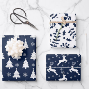 Navy Blue Reindeer, Christmas Tree & Holly Pattern Wrapping Paper Sheets