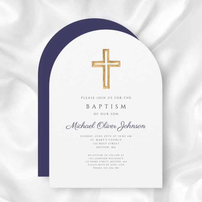 Navy Blue Religious Cross Boy Baptism Arch Invitation (Navy Blue Religious Cross Boy Baptism Arch Invitation)