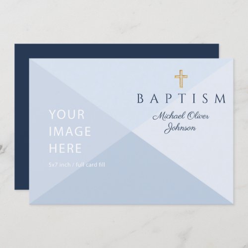 Navy Blue Religious Cross Boy Baptism Custom Image Invitation