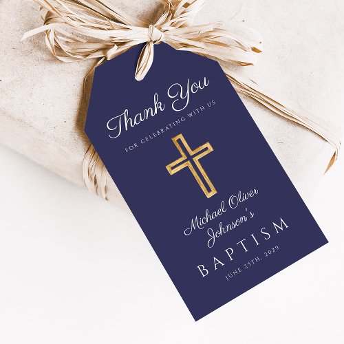Navy Blue Religious Cross Boy Baptism Gift Tags