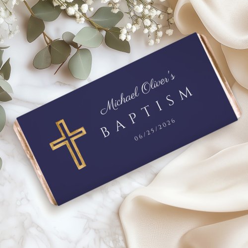Navy Blue Religious Cross Boy Baptism Hershey Bar Favors
