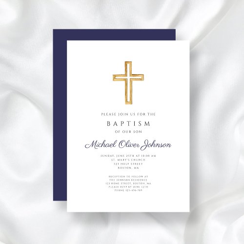 Navy Blue Religious Cross Boy Baptism Invitation