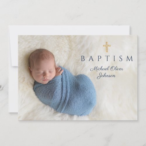 Navy Blue Religious Cross Boy Baptism Photo Invitation