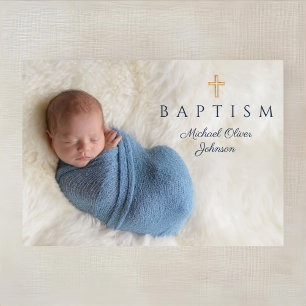 Navy Blue Religious Cross Boy Baptism Photo Invitation