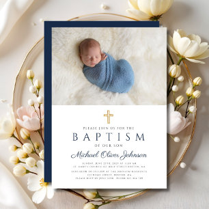Navy Blue Religious Cross Boy Baptism Photo Invitation