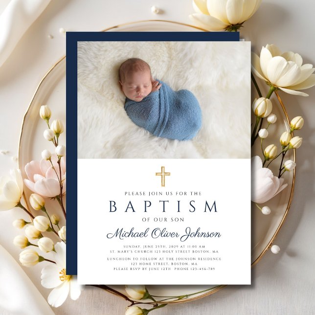 Navy Blue Religious Cross Boy Baptism Photo Invitation (Navy Blue Religious Cross Boy Baptism Photo Invitation)