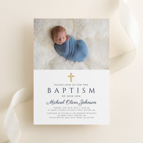 Navy Blue Religious Cross Boy Baptism Photo Invitation
