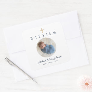 Navy Blue Religious Cross Boy Baptism Photo Square Sticker