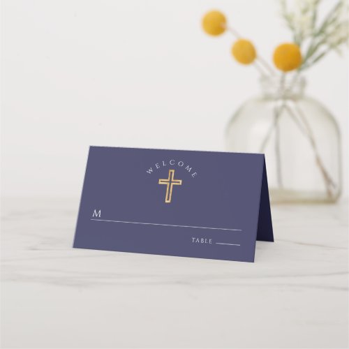 Navy Blue Religious Cross Boy Baptism Place Card