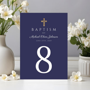 Navy Blue Religious Cross Boy Baptism Table Number