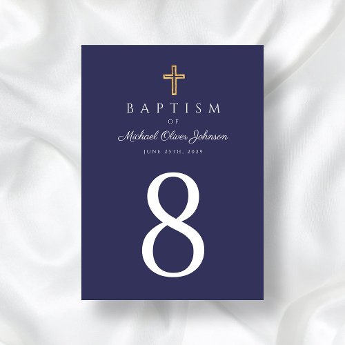 Navy Blue Religious Cross Boy Baptism Table Number