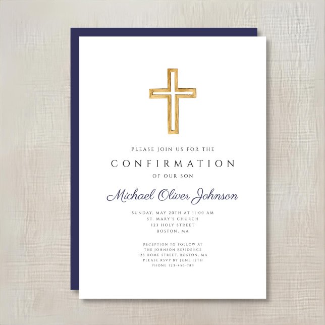 Navy Blue Religious Cross Boy Confirmation Invitation (Navy Blue Religious Cross Boy Confirmation Invitation)