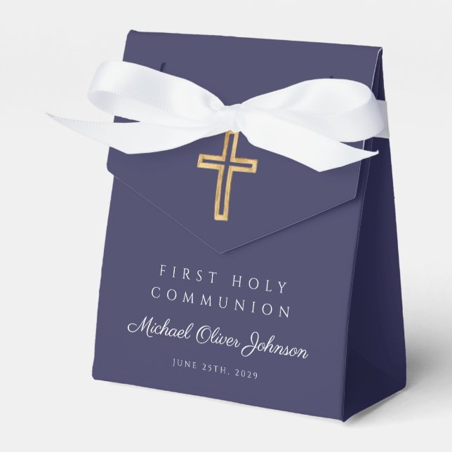 Navy Blue Religious Cross Boy First Communion Favor Boxes (Front Side)