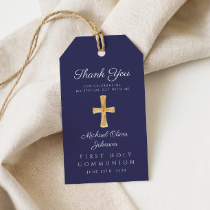 Navy Blue Religious Cross Boy First Communion Gift Tags